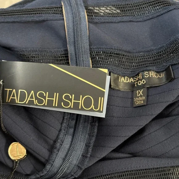 Tadashi Shoji Too Navy Blue Dress 1X Plus Size‎ Pleated Mesh Trim Party Formal